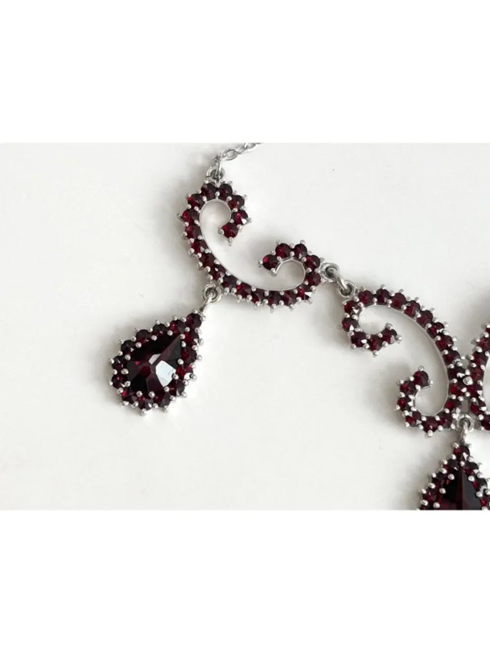 Art Deco Dark Red Teardrop Sterling Silver 925 Vintage Pendant Necklace - 19
